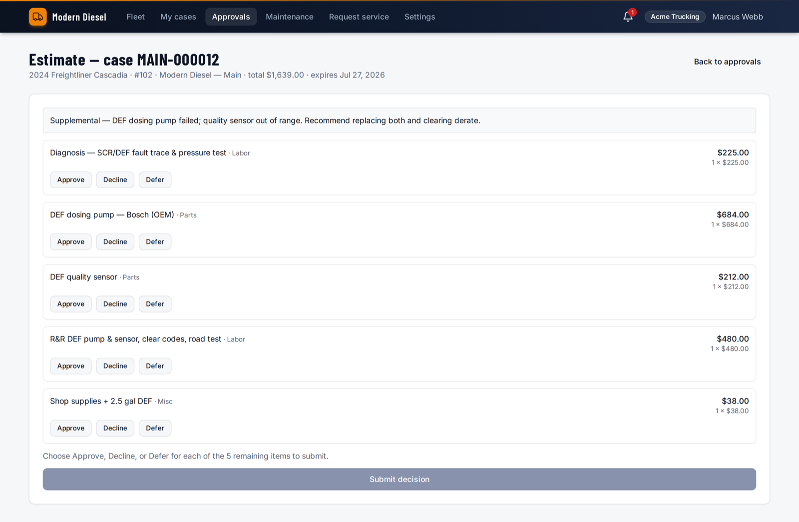 FleetGood estimate approval screen listing itemized repair lines, each with approve, decline, and defer buttons and a running total