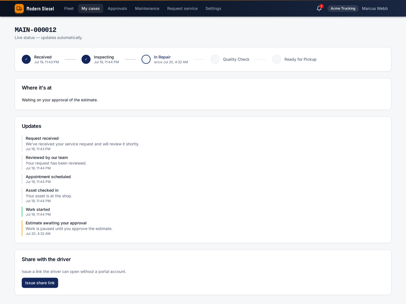 FleetGood live tracker showing a truck moving through Received, Inspecting, In Repair, Quality Check, and Ready stages with a timeline of shop updates