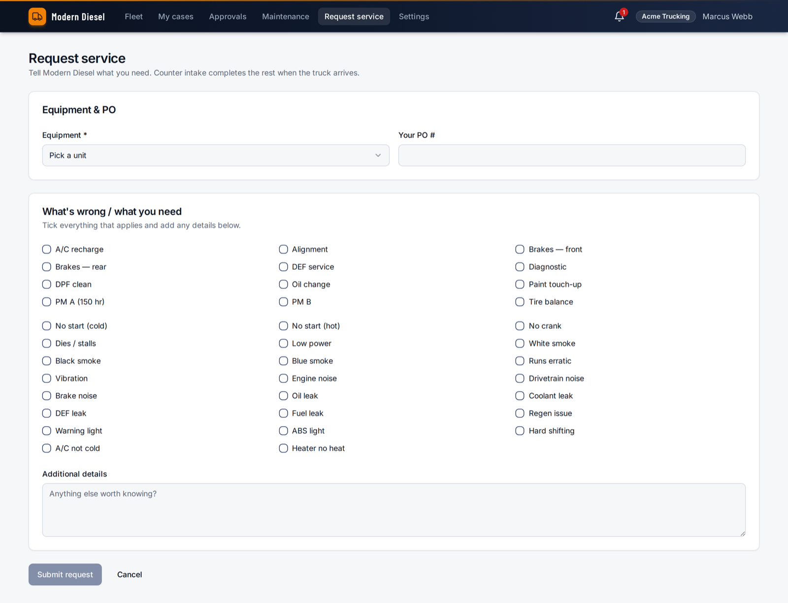 FleetGood request service form with a unit picker, PO number field, and checkboxes for common symptoms and service needs